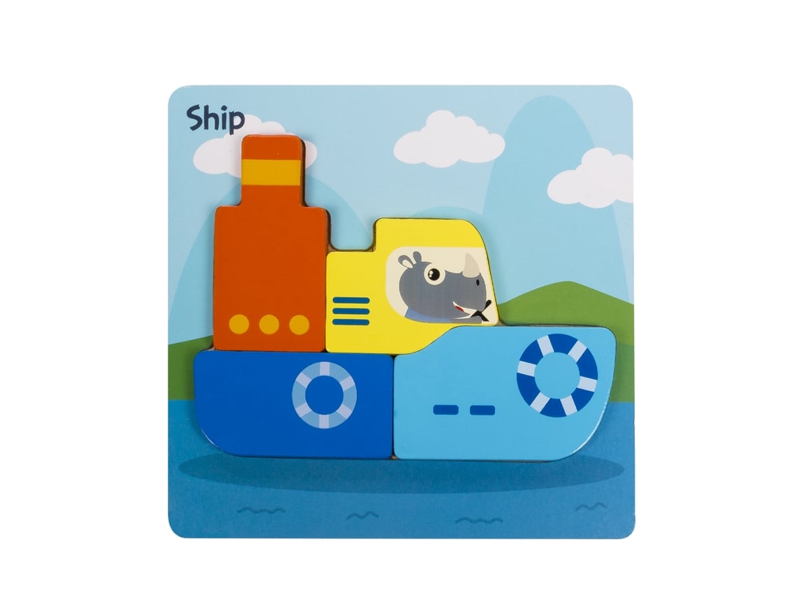 Rompecabezas de madera infantil de 4 piezas. Diseño de barco. Presa.