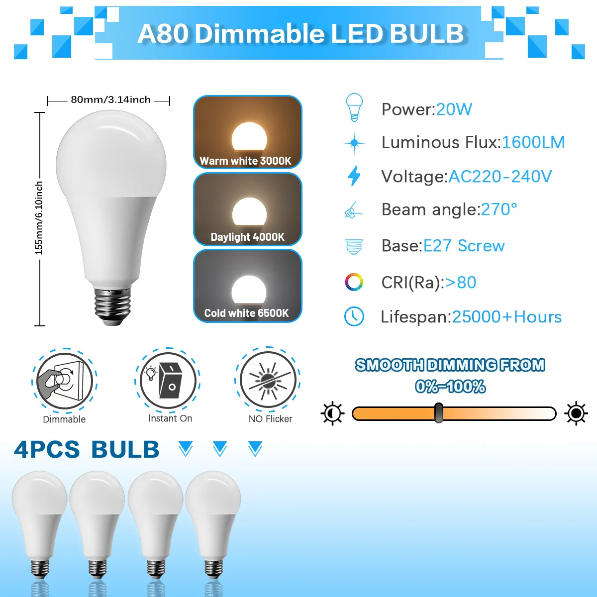 (4 Piezas) Bombilla Regulable Led Con Índice De Reproducción De Color Ra80 Y 20w De Alto Brillo. Ideal Para Vestíbulo, Restaurante, Etc.