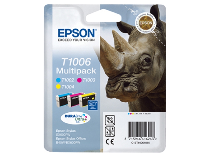 Pack 3 Cartuchos de Tinta Original EPSON C13T10064010 T1006 Amarillo, Magenta, Cián Rinoceronte -