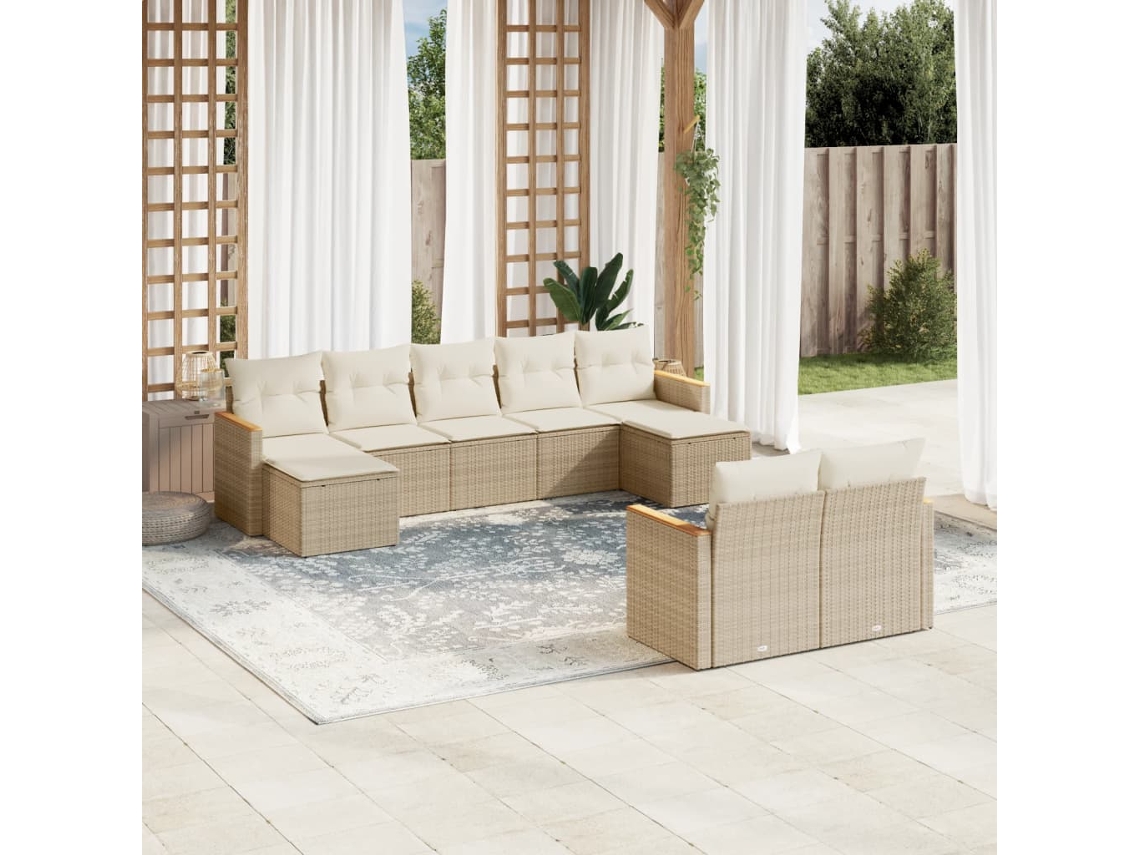 Conjunto de sofá de jardín de 9 piezas con cojines, mimbre sintético beige, Dkd Home Decor