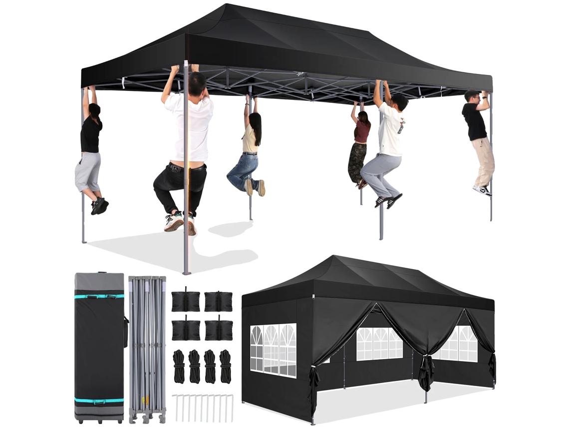 Cenador plegable con panel lateral, diseño impermeable, altura ajustable, estructura duradera, color negro.