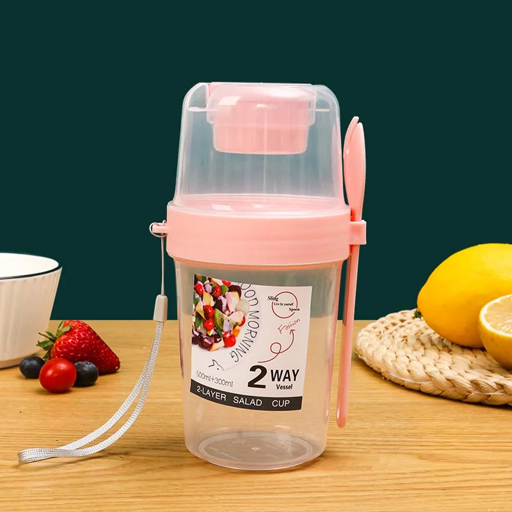 Juego de taza de desayuno portátil (rosa), con cuchara y tapa.