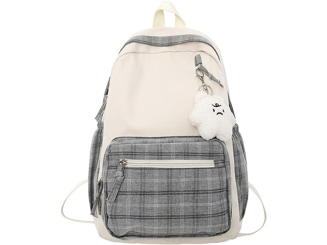 Mochila Linjou Kawaii con colgante estampado en cuadrados, estilo escolar estético para niñas, color gris, sin marca.