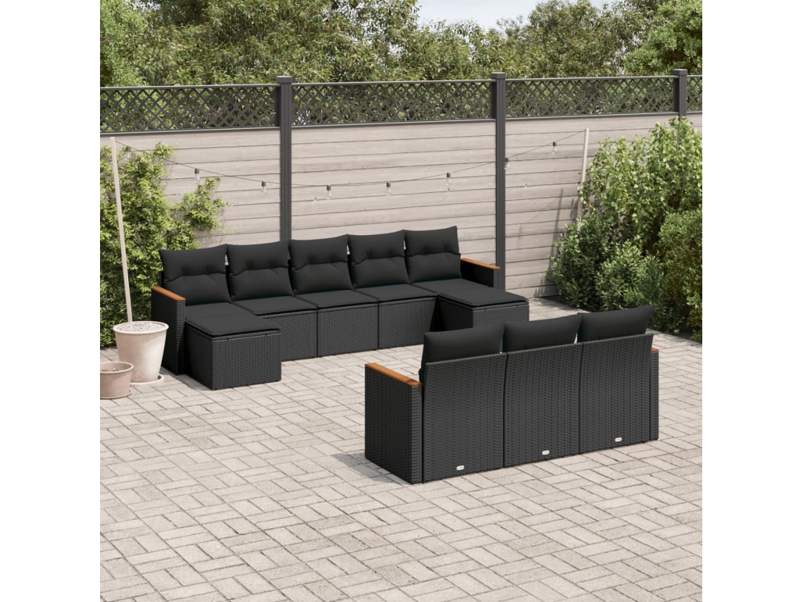 Conjunto de sofá de jardín de 10 piezas con cojines en mimbre sintético negro de DKD Home Decor