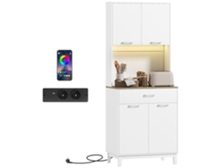 Aparador moderno com luzes LED ZENCORE SERVICES, tomadas, portas USB, 2 armários, gaveta, 71x40x180cm, branco