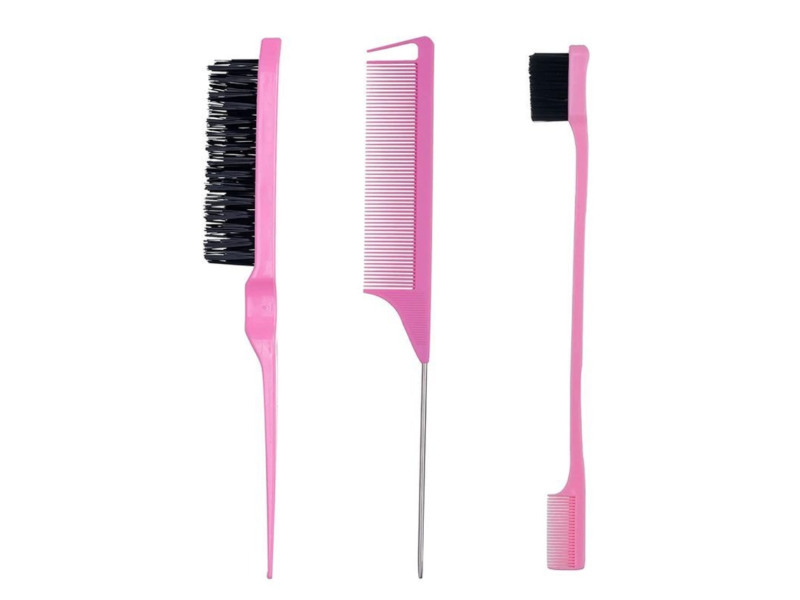Juego De 3 Peines Para El Cabello Con Peine De Cola De Rata Y Cepillos Laterales Y Traseros - Rosa