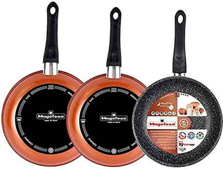 Magefesa Copper Juego de 3 sartenes 242628cm. exterior color cobre. antiadherente bicapa reforzado efecto piedra aptas para todo tipo cocinas especial 50 ahorro 242628cminducción 242628
