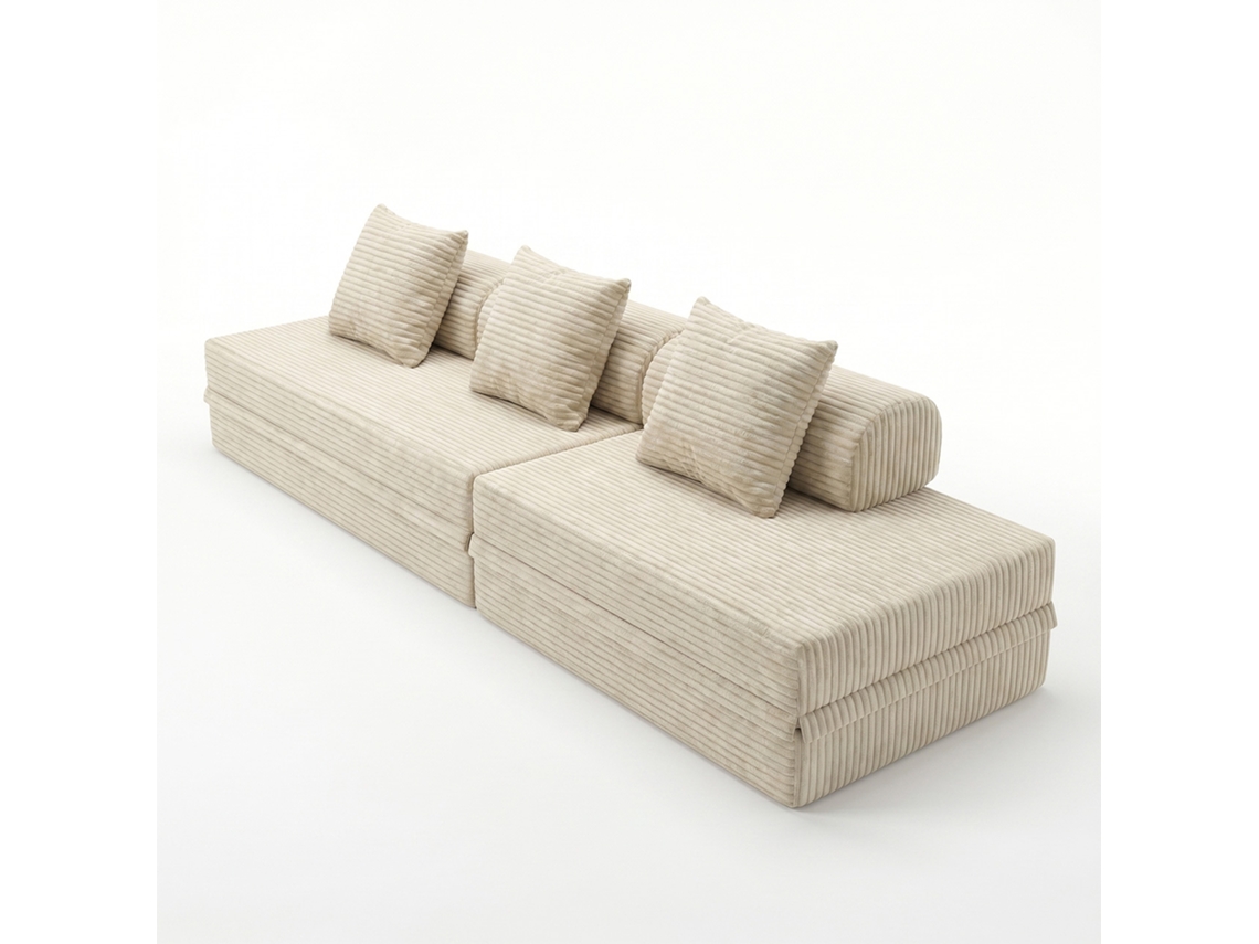 Sofá Modular 3+2 Lugares Convertible Veludo Listado Beige