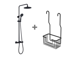Kibath Pack Columna Ducha Termostática Redonda 83-120 Cm Negro Mate + Cesta Portageles Sol Rectangular Para Colgar En Grifería