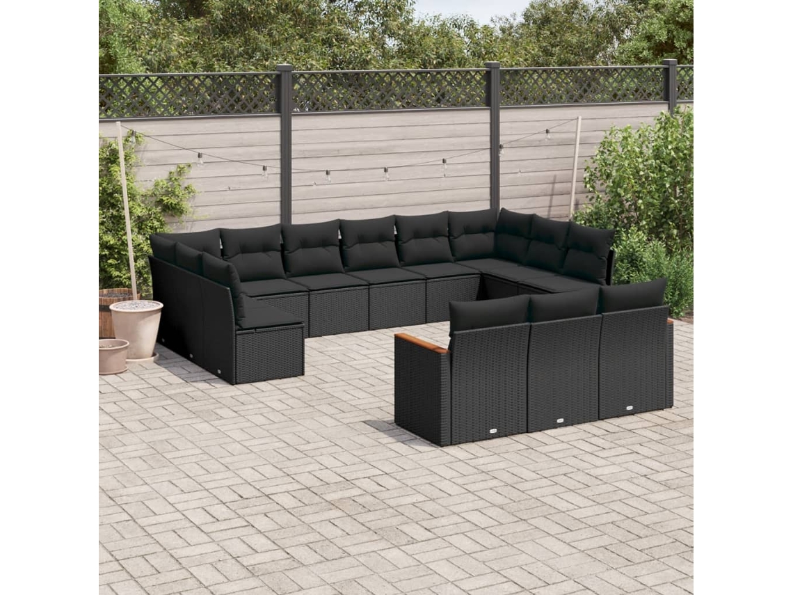 Conjunto de sofá de jardín de 13 piezas con cojines de mimbre sintético negro, Dkd Home Decor