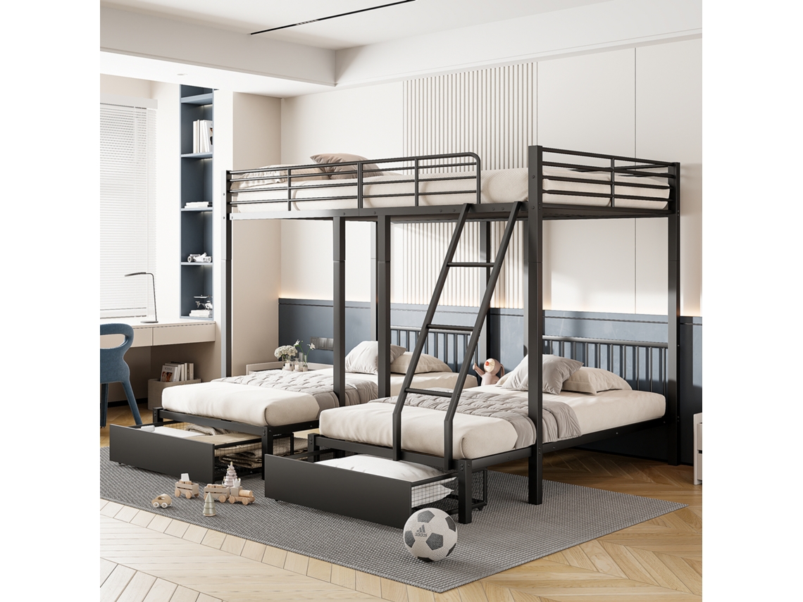 Litera Triple Convertible Con Cajones, Estructura Metálica, 140x200 + 2x90x200 Cm, Negra