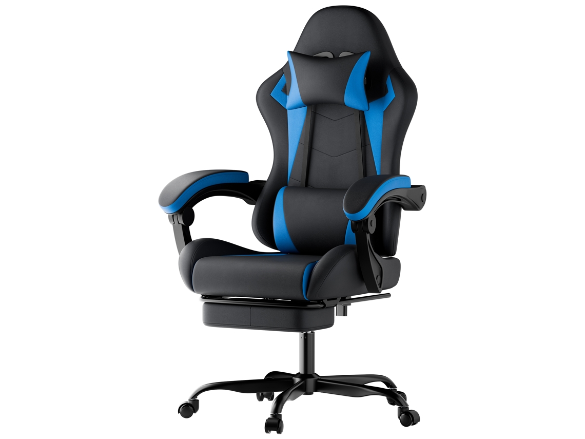 Silla de oficina ergonómica, fabricada en PVC, con soporte lumbar y para la cabeza, altura regulable, color azul, capacidad de carga de 300 kg.