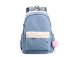Mochila ligera, portátil e impermeable, azul con pompón de pelo.