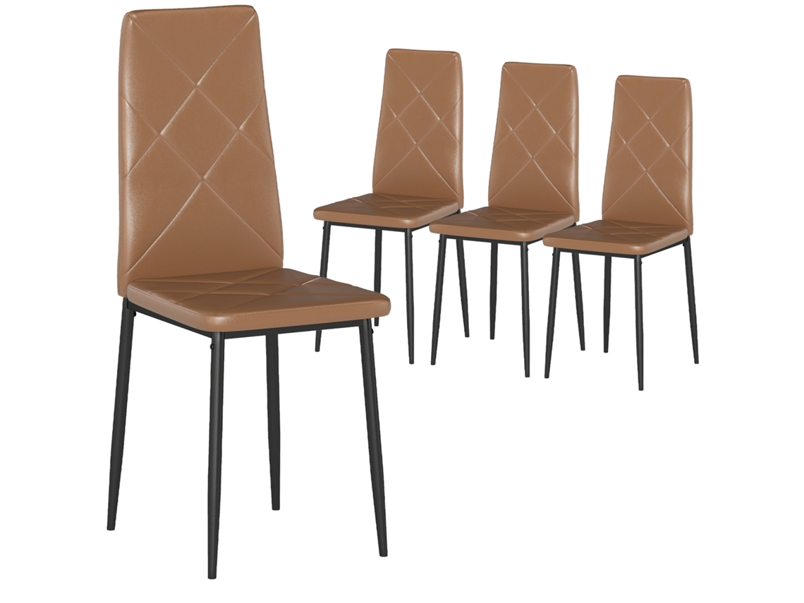 Juego De 4 Sillas De Comedor De Piel Sintética Con Respaldo Alto Y Patas De Acero Marrón.