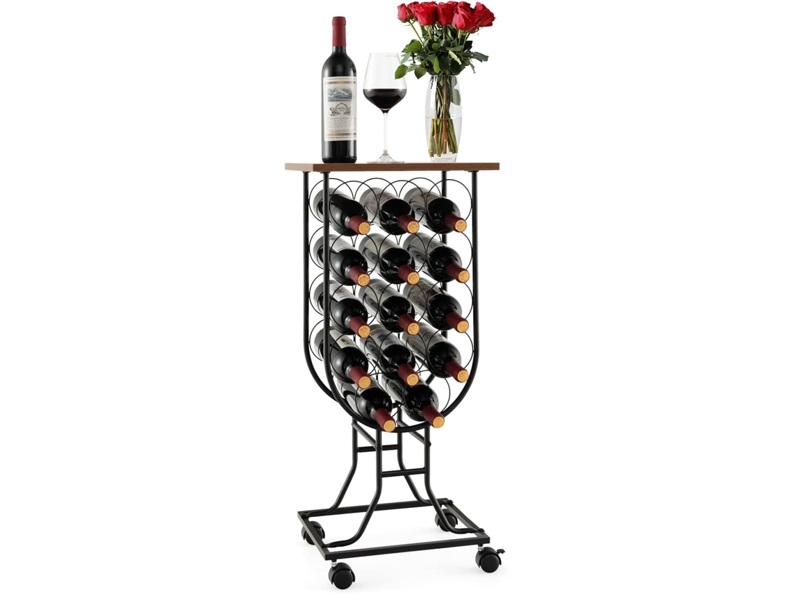 Botellero para 14 Botellas de Vino con Ruedas Desmontables y Bloqueables, Organizador Móvil de Almacenamiento de Vino con Tapa COSTWAY