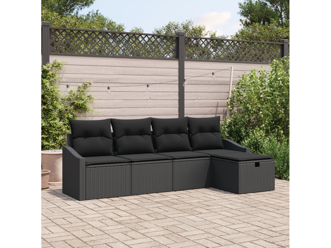 Conjunto de sofá de jardín de 5 piezas con cojines de polirratán negro Lovely Home