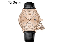 Reloj de mujer MDUG con manecillas luminosas, correa personalizada, diamantes y movimiento de cuarzo, con correa negra y esfera rosa.