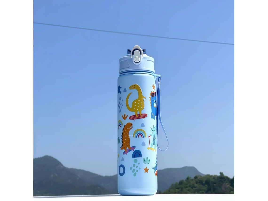 Botella de agua infantil de 750 ml de capacidad, fabricada en plástico ecológico. Mdug (Dinosaurio Azul)
