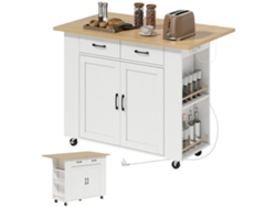 Isla De Cocina Con Estación De Carga, Carrito De Cocina Con Ruedas Y Encimera Plegable, 2 Cajones, Color Blanco.