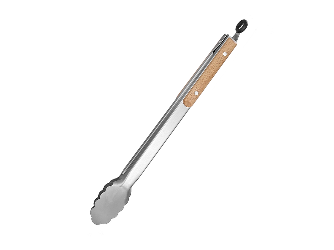 Pinzas para alimentos (39,5 cm) de acero inoxidable con mango de madera, resistentes al calor y fáciles de limpiar.