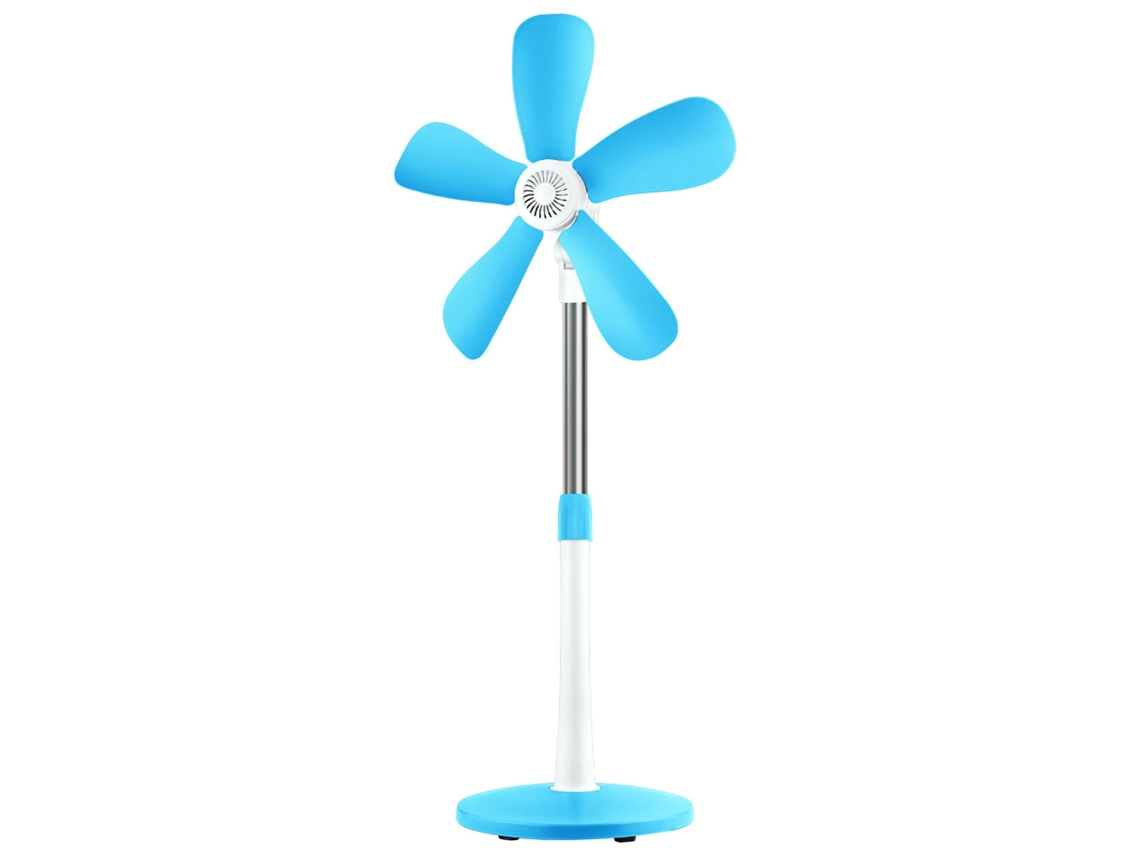 Ventilador de pie silencioso azul de 5 aspas para el hogar.