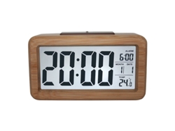 Reloj despertador digital portátil compacto con marco de madera maciza, fácil de configurar y con alimentación USB para dormitorio y sala de estar.