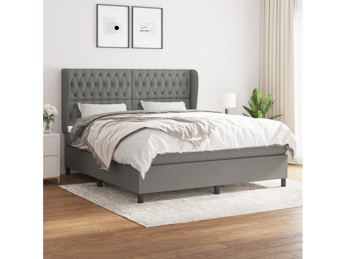 Cama Box Spring Con Colchón Tela Gris Oscuro 180x200 Cm