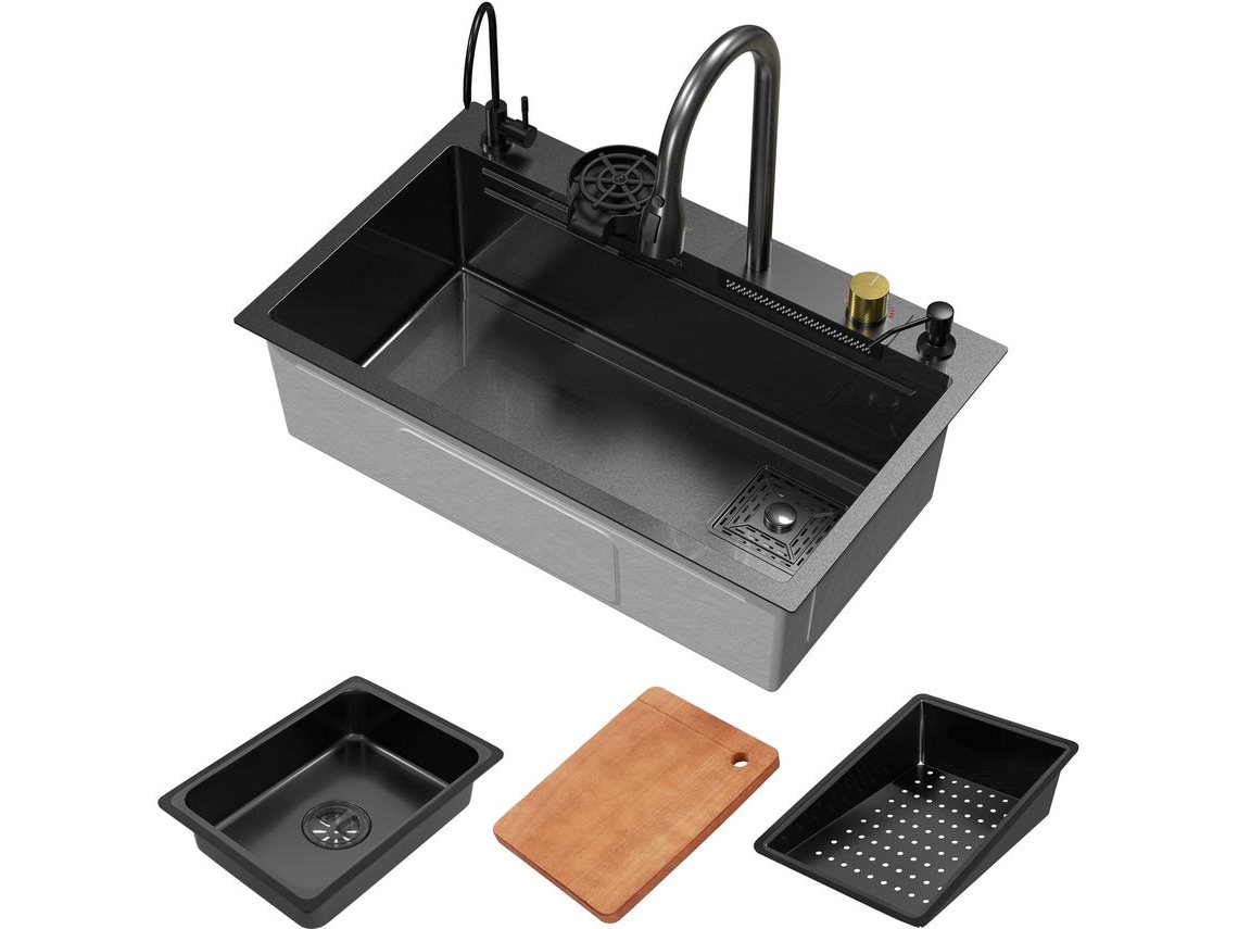 Fregadero de cocina 75x46 cm lavabo rectangular antracita acero con accesorios ML-DESIGN