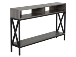 Consola/mesa de entrada de estilo industrial con múltiples compartimentos de almacenamiento, 120 x 23,5 x 75 cm, madera gris.