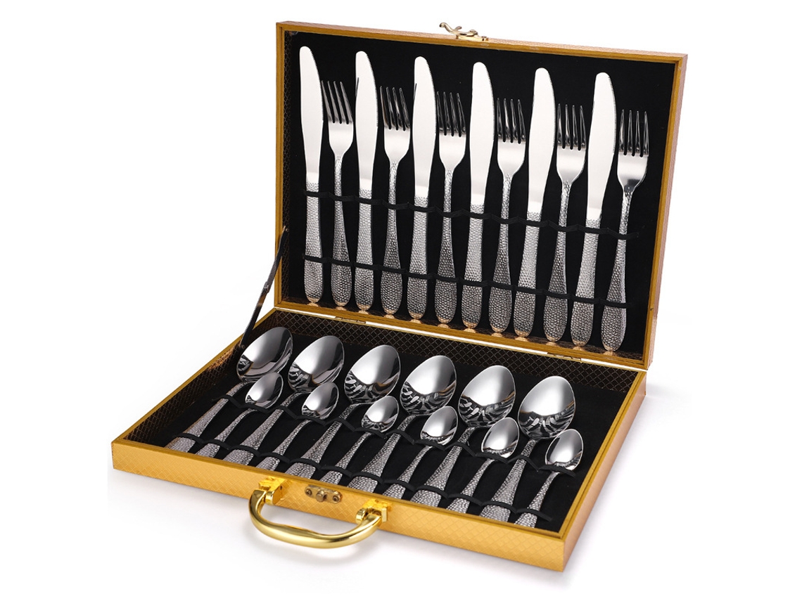 Juego de cubiertos de acero inoxidable (cuchillo, tenedor, cuchara, cucharilla) MDUG (24 piezas plateadas) MDUG