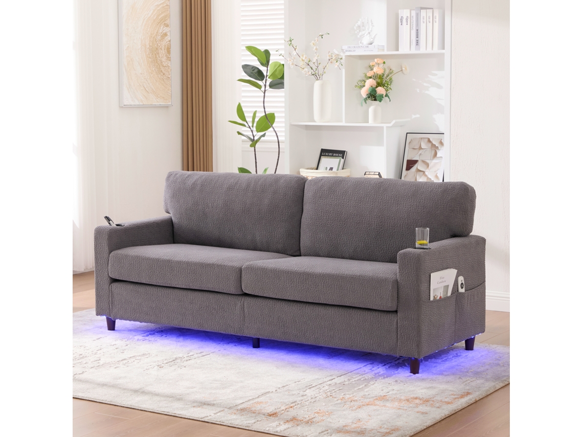 Sofá Chenille 2 Plazas - Usb-c, Led Ambiente, Reposavasos, Bolsillos - Gris Claro
