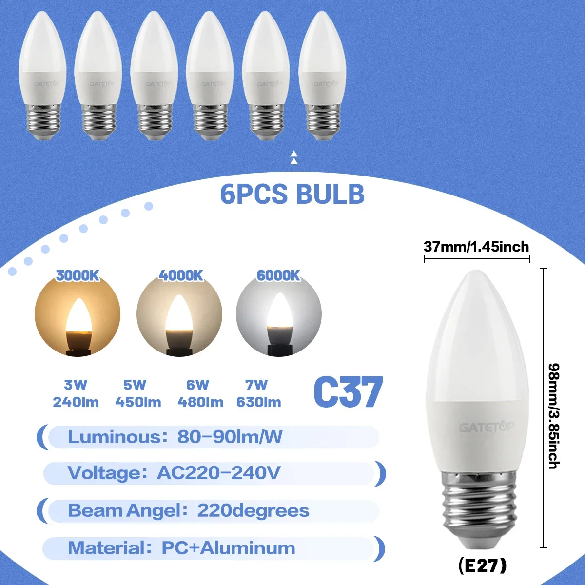 (6 Bombillas Led Tipo Vela, Luz Blanca Fría De 6000k) Casquillo E27, Apto Para Iluminación Doméstica.