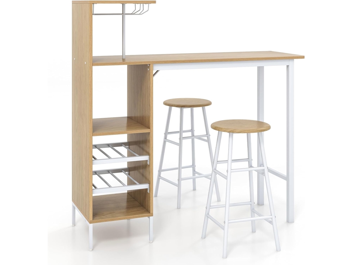 Juego de 3 Piezas Mesa y Sillas de Bar, Mesa y Taburetes Industriales con Soportes para Copas de Vino y Estantes para 6 Botellas de Vino COSTWAY
