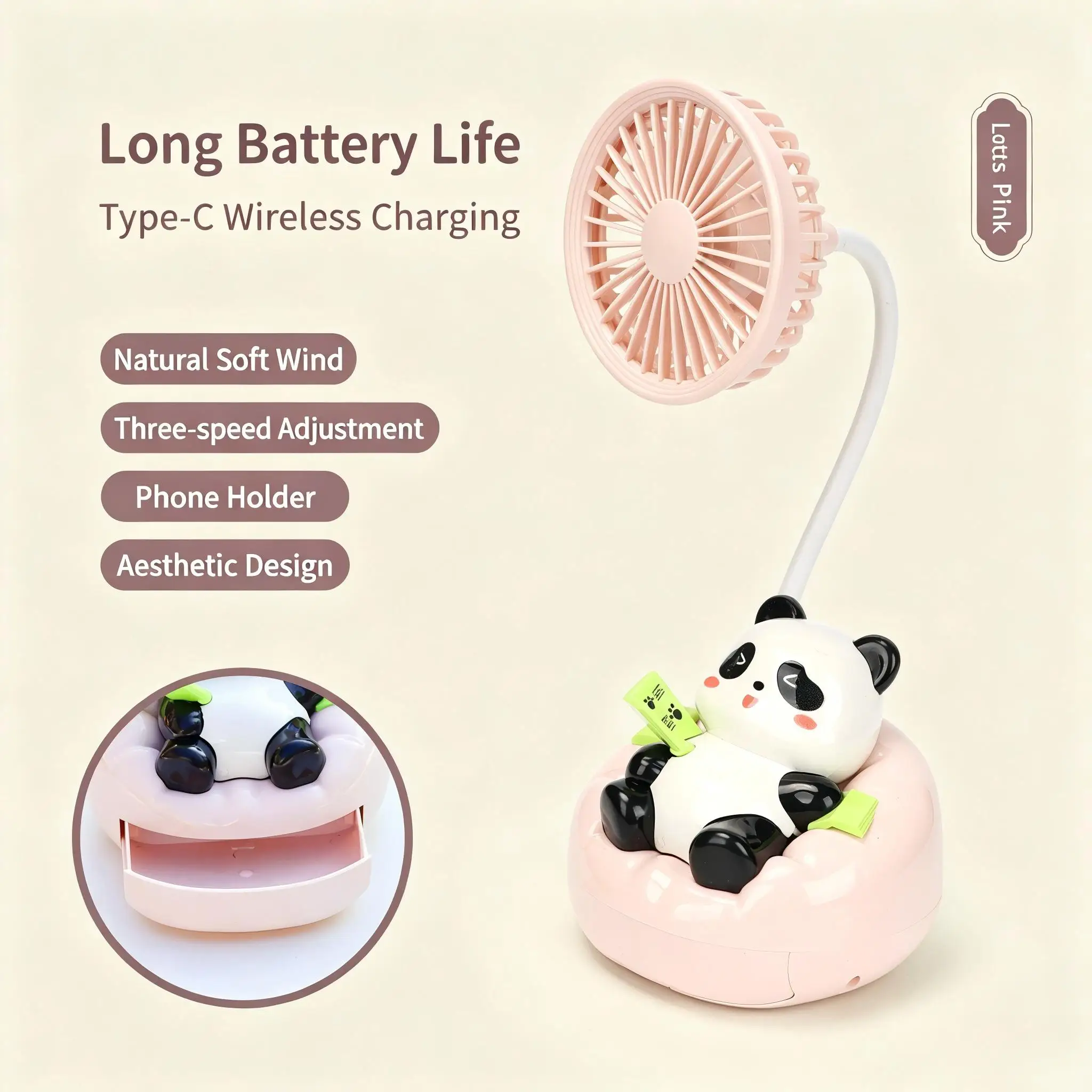 Ventilador De Escritorio Con Forma De Lindo Panda Verde (rosa), Tres Velocidades De Viento, Mini Ventilador Portátil.