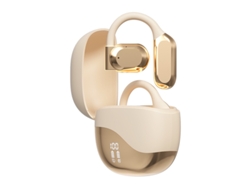 Auriculares abiertos con conducción de aire, indicador LED de batería, Bluetooth 5.3, color beige.