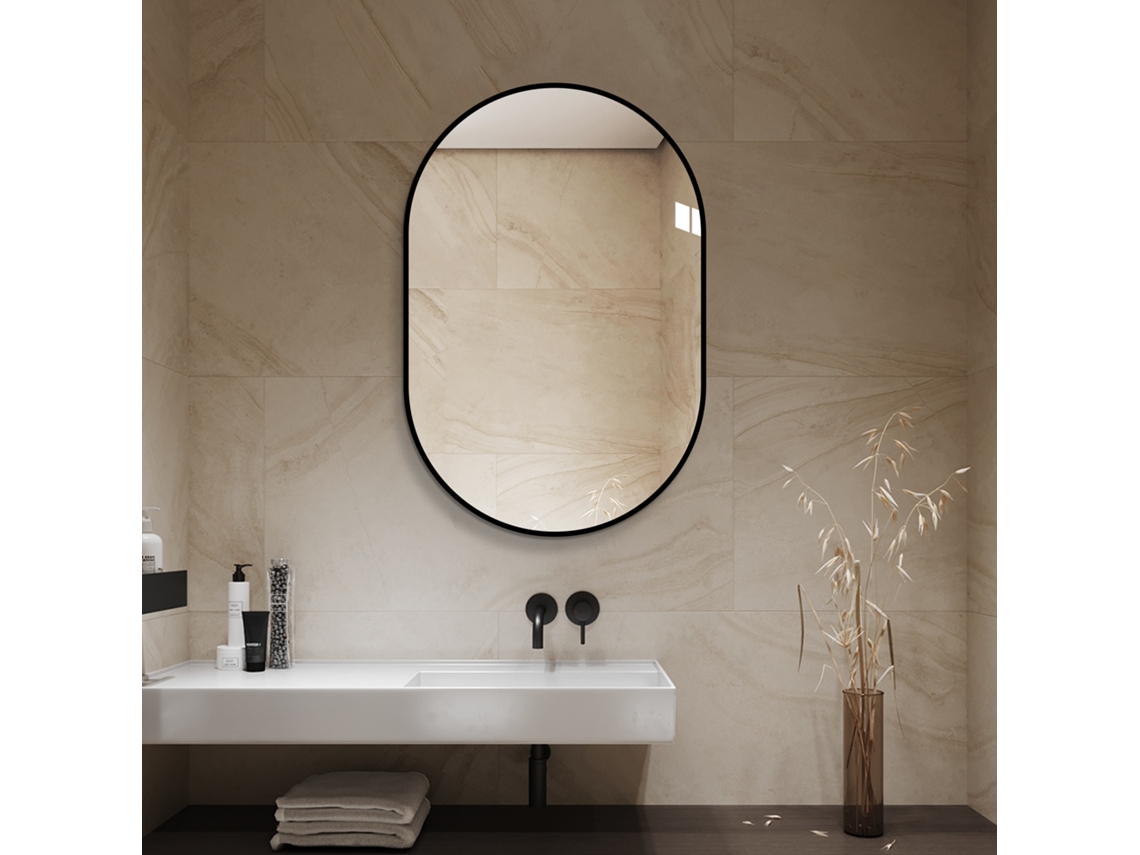 Espejo de pared arqueado de 60x90 cm, marco de aluminio negro, cristal HD sin cobre, estilo moderno, vertical/horizontal, plateado.