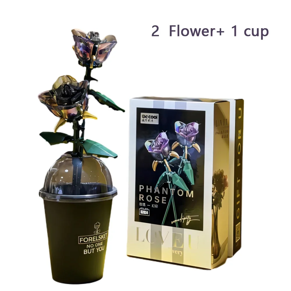 (2 Rosas Con Tazas) Modelo 3d De Ramo De Rosas, Bloques De Construcción, Regalo, Decoración Del Hogar, Juguete Para Niños Con Caja