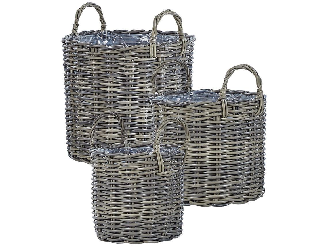 Conjunto De 3 Vasos De Vime Beliani Nikiti De Ratan Sintético Castanho 40x40x45
