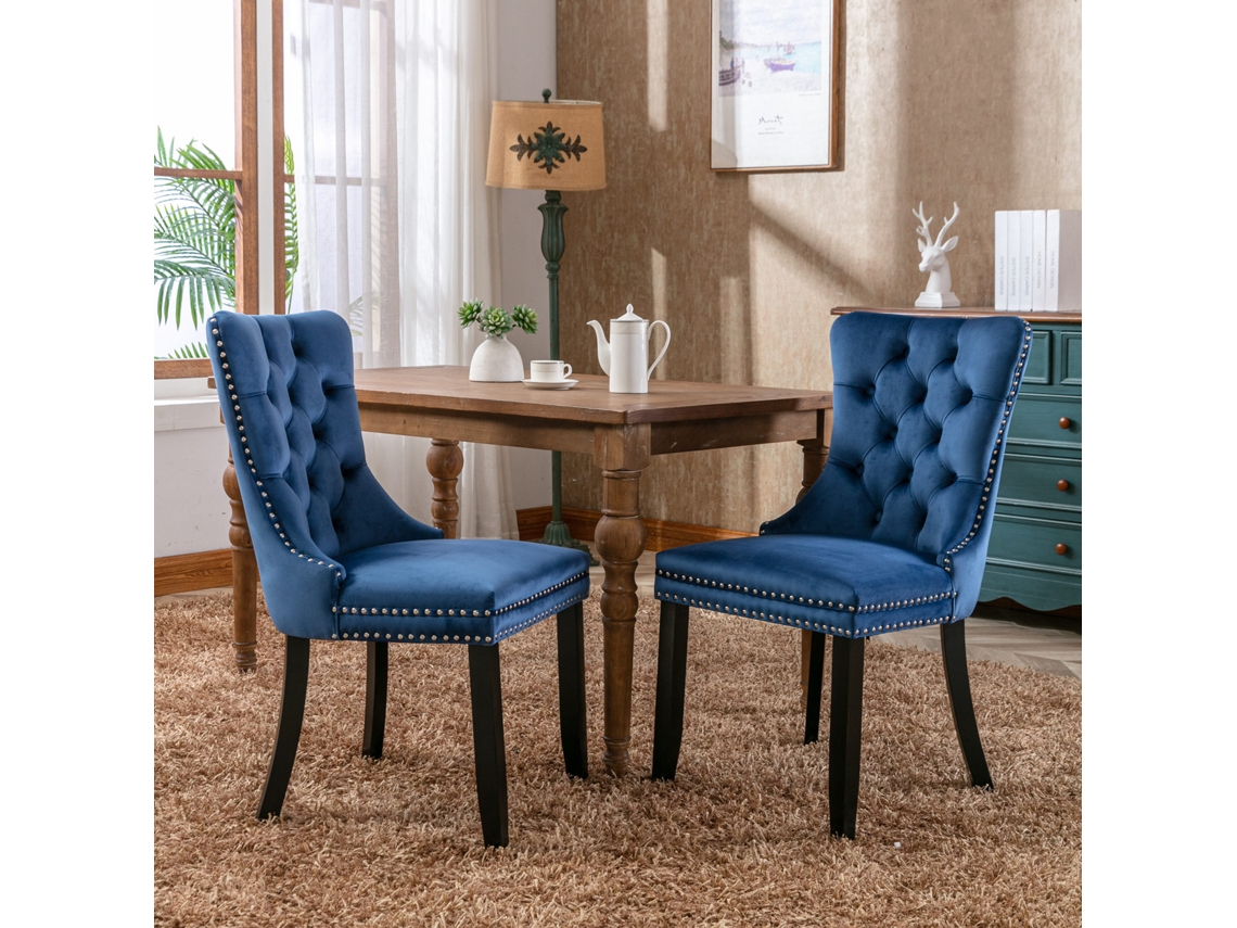 Sillas de comedor, 2 unidades, capitoné de terciopelo, patas de madera con tachuelas, azul, Mobrio