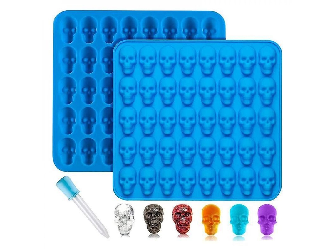 Molde de silicona Rebe con forma de calavera, con 2 piezas y gotero, antiadherente, apto para uso alimentario, para chocolates y gominolas, color azul.