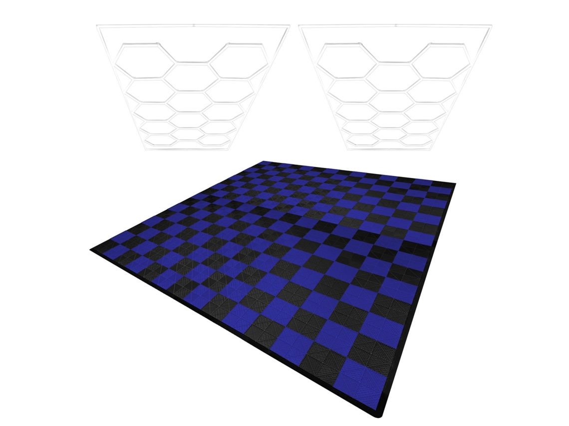 Plafones de polipropileno con bordes negros (x120) y azules (x120). Plafón LED hexagonal (x2 unidades). Monstershop (240 unidades).