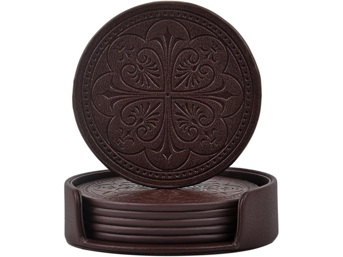 2026-41286-posavasos De Cuero Pu Absorbentes Set De 6 Con Porta, Redondos Para Mesa De Madera, Café