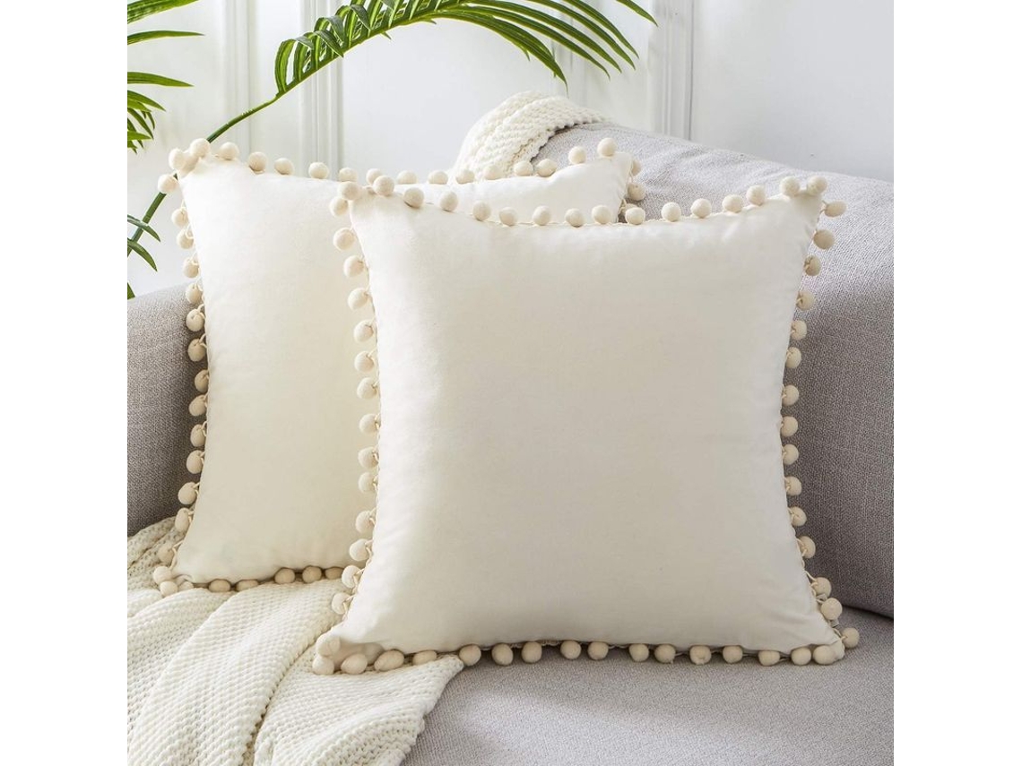 2026-funda De Almohada Decorativa Cuadrada De Terciopelo Suave 18x18 Con Bolas Para Sofá Cama, 2 Unidades, Crema