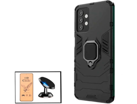 Kit Cristal Templado CeramicGlass Full Cover, Funda 3x1 Miltary Defender y Soporte Magnético de Coche Samsung Galaxy A52s 5G PHONECARE Negro