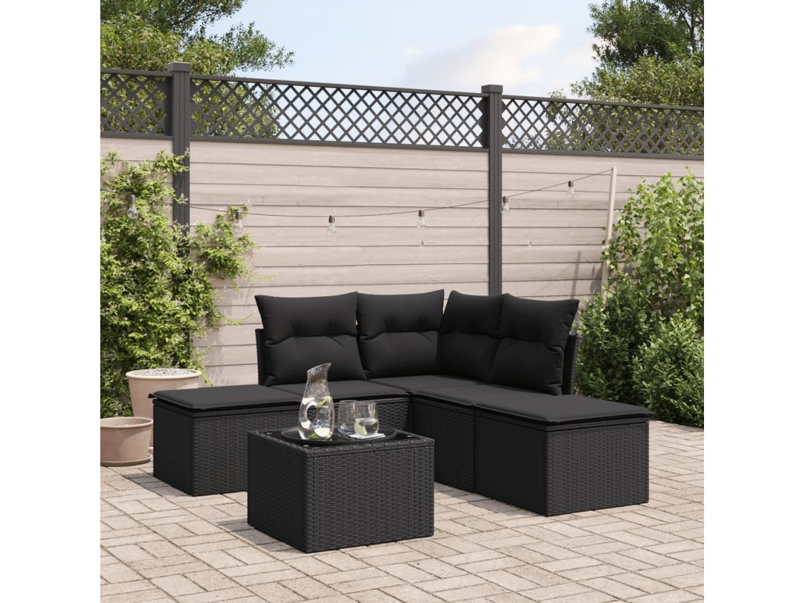 Conjunto de sofá de jardín de 6 piezas con cojines de ratán negro Lovely Home