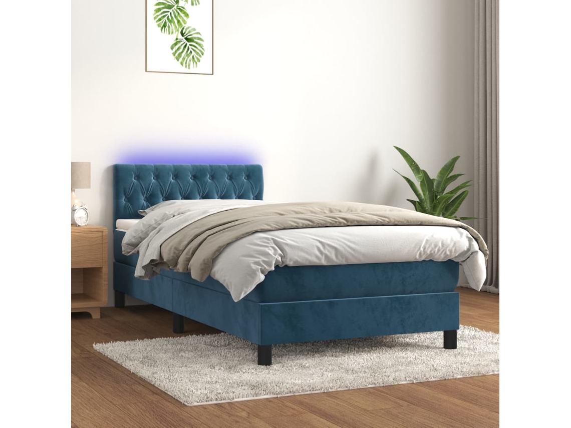 Cama Box Spring Colchón Y Led Terciopelo Azul Oscuro 90x190 Cm