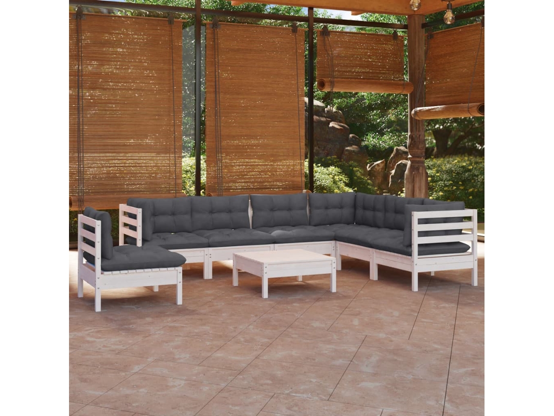 Conjunto de jardín de 8 piezas con cojines, pino macizo blanco, DKD Home Decor