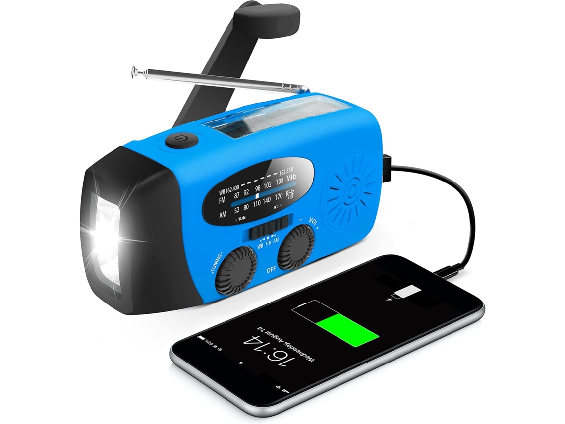 Radio De Manivela De Emergencia Con Linterna Led 2000Mah, Radio Meteorológica Solar Portátil Am/Fm/Noaa/Azul DIGITALLAB