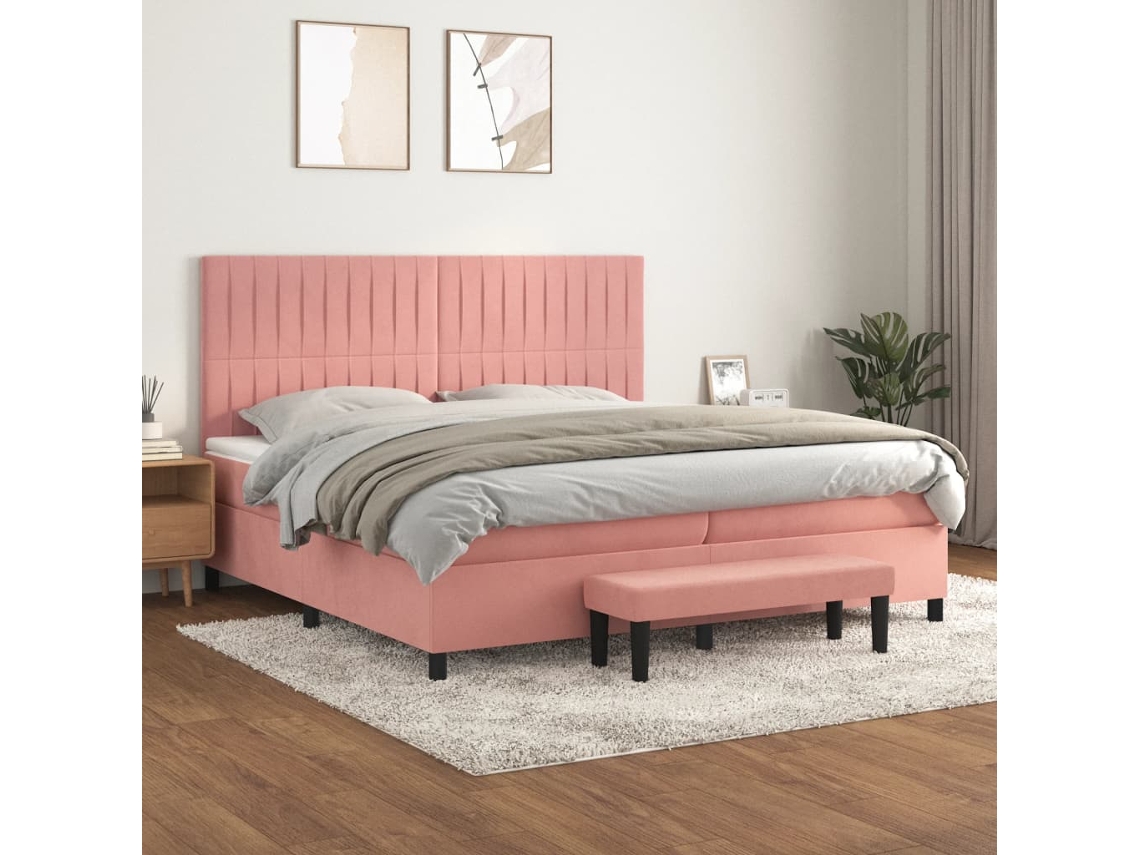 Cama Box Spring Con Colchón Terciopelo Rosa 200x200 Cm