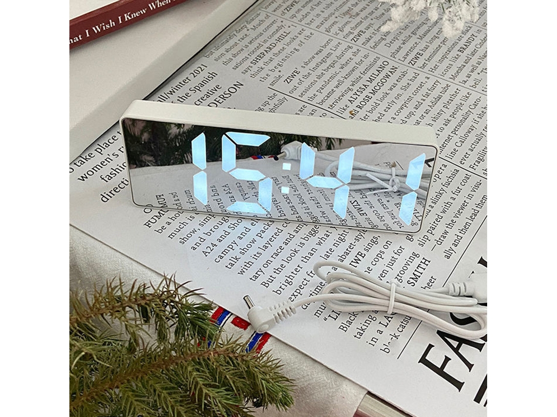 Reloj despertador digital LED Baok-reloj, espejo inteligente, silencioso, para estudiantes, de escritorio, con cable de carga, carcasa blanca (pilas no incluidas).